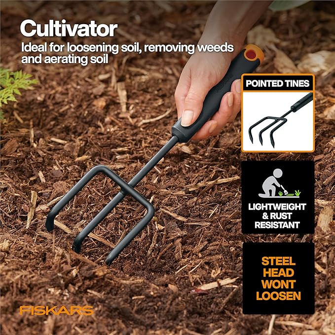 Fiskars Vegetable Gardening Essentials 6-Piece Tool Set for Cultivating Serrated Stainless Steel Shears &amp 4-in-1 Seed Sower for Planting Rust-Resistant Steel Trowel Cultivator Weeder L/XL Glo