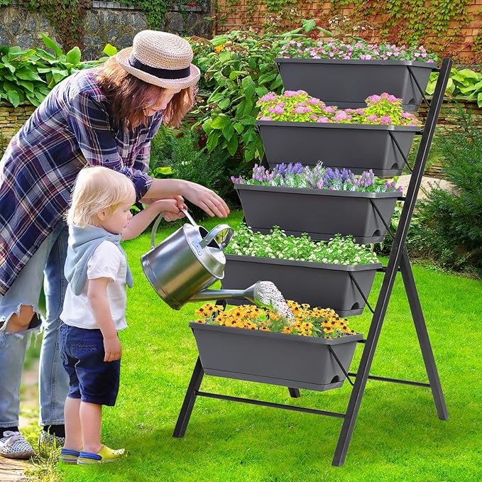 Giantex Set of 2 Vertical Raised Garden Bed Elevated Planter Raised Beds with Water Drainage Freestanding 5 Container Boxes for Vegetables and Flowers Growing Outdoor Indoor Patio Balcony
