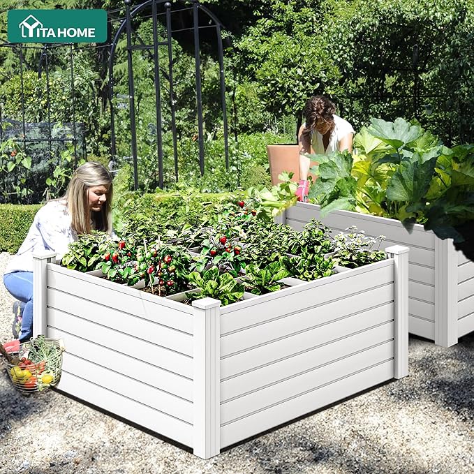 YITAHOME 48x48x24 in Plastic Raised Garden Bed 2pcs with Growth Grid Large Outdoor Vinyl Planter Box for Plants Vegetables and Flowers Easy Installation White