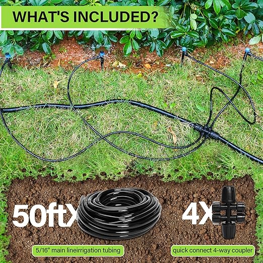 Bonviee 50FT 5/16” Drip Irrigation Mainline Tubing with 4-Way Push-to-Connect Couplers (4 Pack) – Compact DIY Garden Irrigation Distribution System for Misting Raised Beds &amp Small Spaces