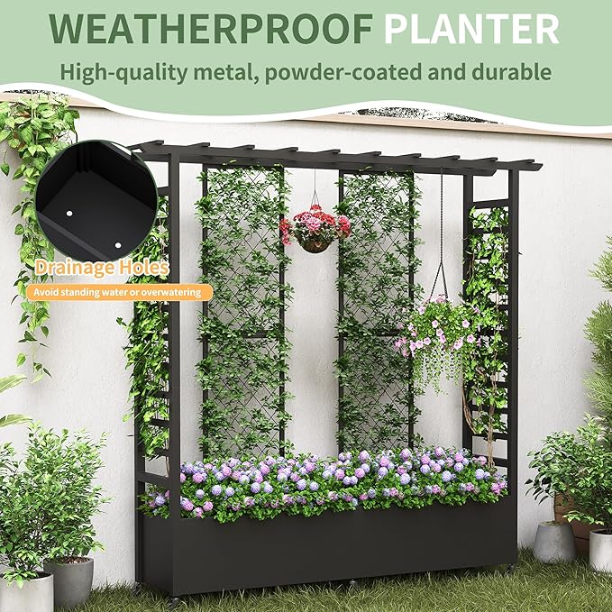 Raised Garden Bed with Trellis &amp Hanging Roof Weatherproof Metal Planter Box with Wheels Garden Arch Trellis for Outdoor Climbing Plants Vines Flowers 74 H x 77 L x 17 W Black