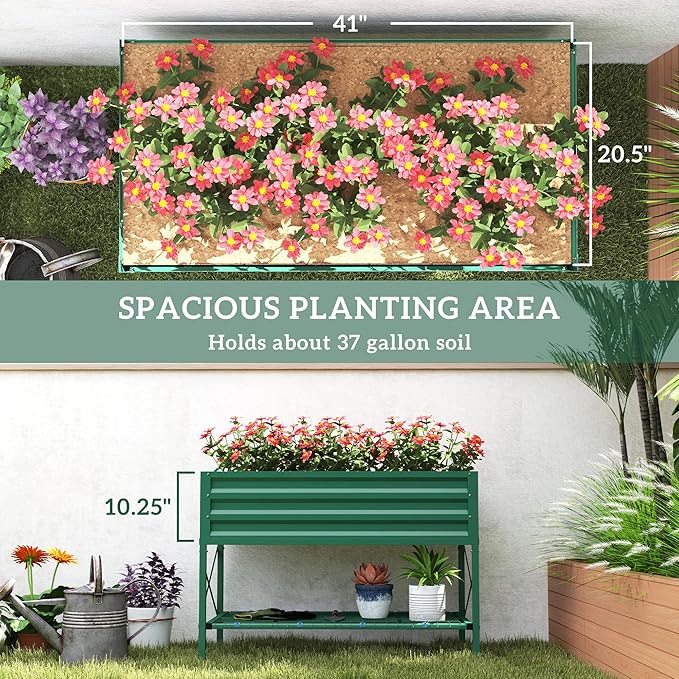 Outsunny Raised Garden Bed with Galvanized Steel Frame Storage Shelf and Bed Liner Elevated Planter Box with Legs for Vegetables Flowers Herbs Green