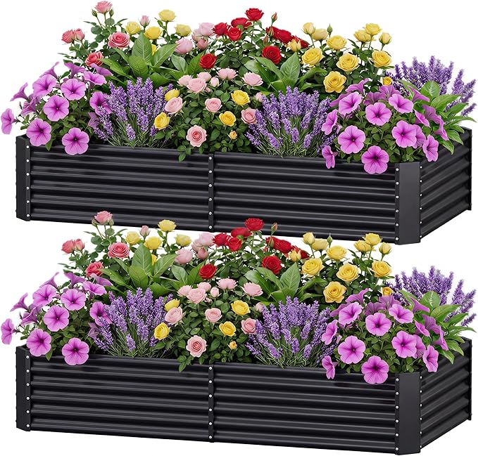 AHEONLAR 2 Pack 8×4×1.5ft Galvanized Raised Garden Beds Outdoor Rectangle Sturdy and Durable Planter Boxes for Vegetables Fruits Flowers and Plants Easy Assembly Black