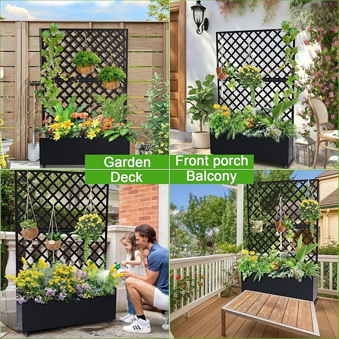 Garvee Metal Raised Garden Bed with Trellis &amp Wheels 72.83x46.46x11.81 Galvanized Metal Planter Box with Drainage Holes &amp Privacy Screen for Patio Balcony Climbing Plants Flowers Vegetable