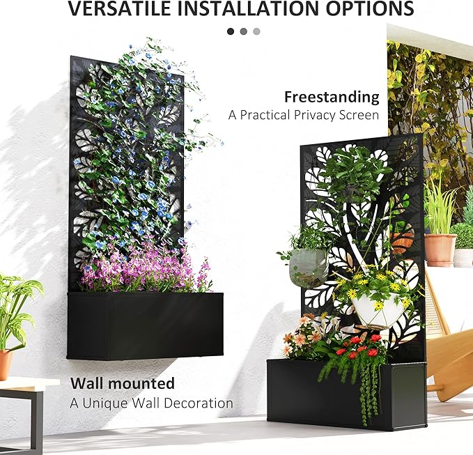 Outsunny Metal Raised Garden Bed with Trellis for Climbing Plants Freestanding or Wall Mounted Flower Bed with Privacy Panel Twigs and Leaves Cut-Outs Outdoor Planter Box for Garden Patio Balcony