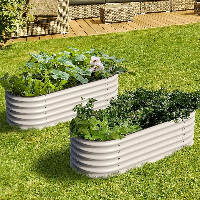 Olle 4-Style Modular Galvanized Raised Garden Beds Outdoor Easy Quick Setup 17 Tall 4-in-1 Metal Planter Boxes Outdoor for Flowers Vegetables Fruits Herbs DIY Gardening Ivory