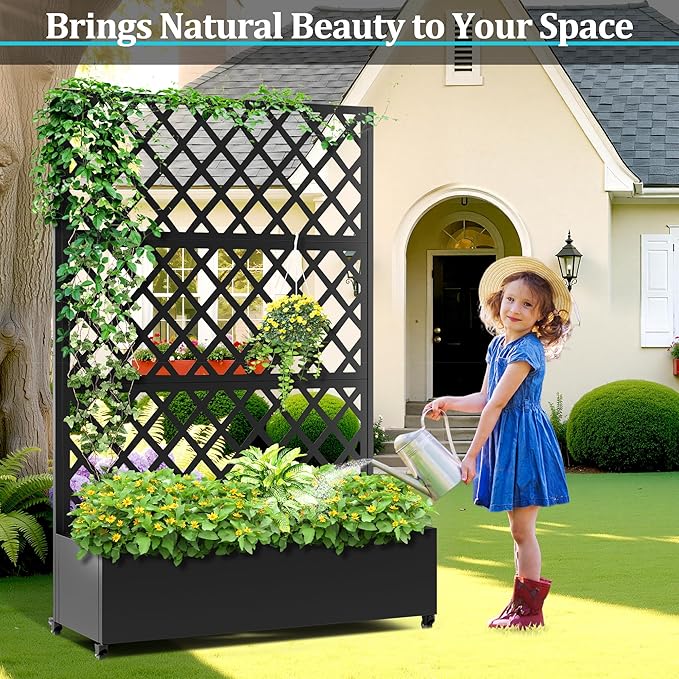 Metal Planter Box with Trellis Planter Box with Privacy Screen Privacy Trellis Outdoor for Climbing Plants with Drainage Holes Raised Garden Bed with Wheels