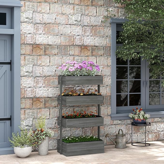 Wooden Vertical Raised Garden Bed 4 Tier Garden Planters Self-Draining with Non-Woven Fabric System Standing Plant Box for Plants Herbs Flowers Vegetables Outdoor Indoor Gardening