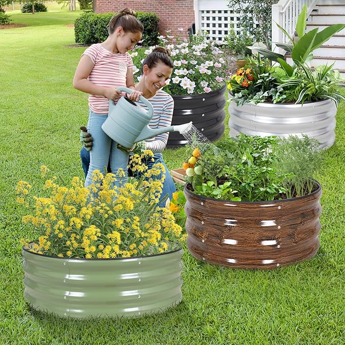 Galvanized Raised Garden Bed- 2Pcs Metal Planter Boxes Outdoor | 12 Tall 36 Round Steel Raised Bed Kit &amp Fire Pit Ring for Gardening with Protective Tape for Vegetables Flower (Grey)