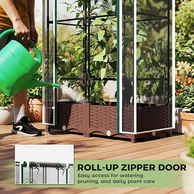 Outsunny Raised Garden Bed with Trellis 46.5 Tomato Cage with Crop Cage Self Watering Planter Box with Drainage Holes and Plugs for Outdoor Patio Climbing Plants Vines Vegetables Flowers White