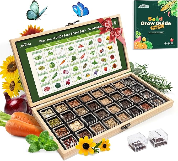 Lush&ampDew USDA Zone 3 Seed Bank Gardening Gifts for Women Men 32 Varieties Non-GMO Heirloom Seeds for Planting Vegetables Fruits Year Round Survival Seed Kit for Raised Garden Bed Greenhouse