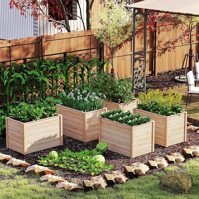 Giantex Set of 2 Wood Raised Garden Bed 40x25x26 Elevated Planter Box w/Open-Ended Base for Deep-Rooted Plant Vegetable Fruit Flower Outdoor Solid Wood Planter for Patio Backyard (40x25x26)