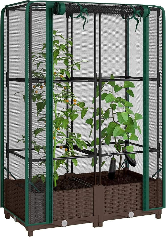 Outsunny Raised Garden Bed with Trellis 46.5 Tomato Cage with Crop Cage Self Watering Planter Box with Drainage Holes and Plugs for Outdoor Patio Climbing Plants Vines Vegetables Flowers Green