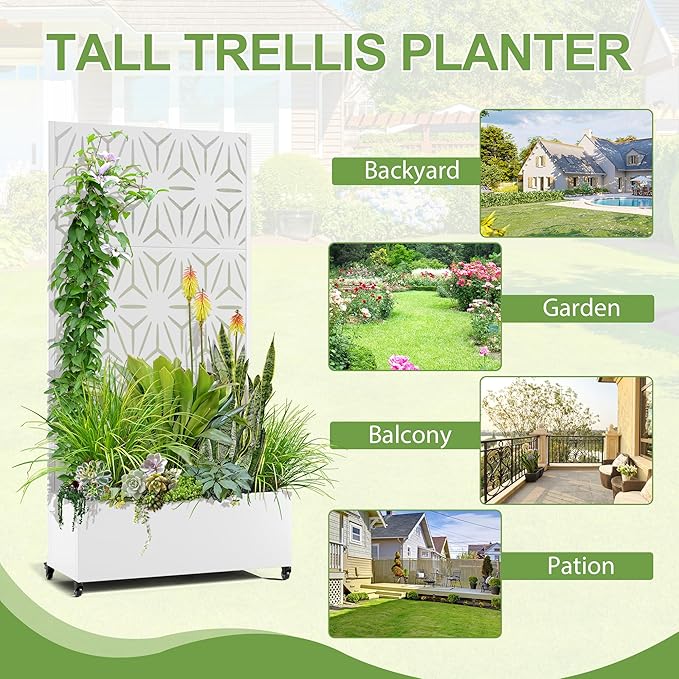 Raised Garden Bed with Trellis and Wheels73x35x16 Metal Raised Garden BedWhite Star Metal Planter with Climbing Trellis for Vines &amp Vegetables