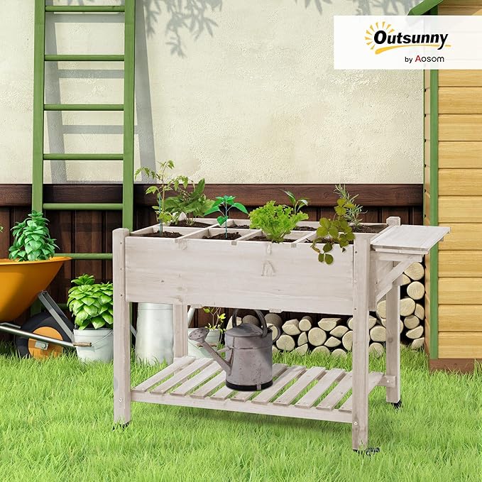 Outsunny Raised Garden Bed with 8 Grow Grids Wooden Outdoor Plant Box Stand with Folding Side Table and Wheels 49 x 21 x 34 for Vegetables Flowers Herbs Natural
