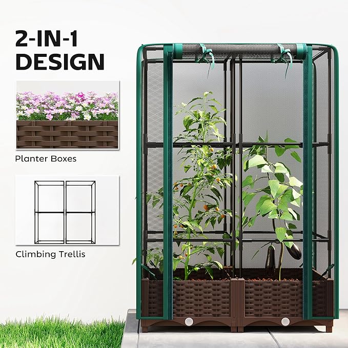 Outsunny Raised Garden Bed with Trellis 46.5 Tomato Cage with Crop Cage Self Watering Planter Box with Drainage Holes and Plugs for Outdoor Patio Climbing Plants Vines Vegetables Flowers Green
