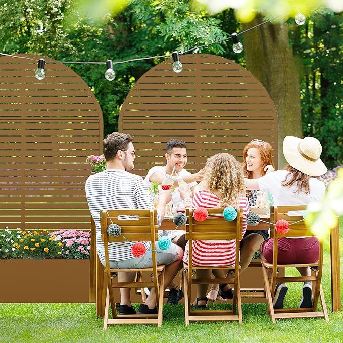Casaphoria Metal Raised Garden Bed with Trellis and Wheels 72x47x16 Arched Planter Box for Climbing Plants Vegetables &amp Vines Features Drainage Holes and Privacy Screen (Brown-Louvered)
