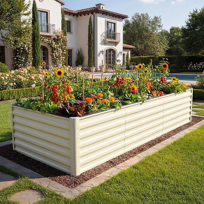 YITAHOME 8x4x2ft Large Raised Garden Bed Kit Galvanized Metal Planter Box with Gloves Support Rod &amp Safety Rubber Outdoor Above Ground Planters for Plants Vegetables Flowers Cream Yellow
