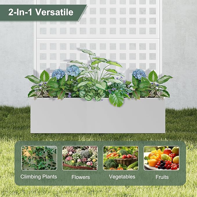 Metal Raised Garden Beds Outdoor with Trellis &amp Privacy Screen for Outdoor Plants Planter Box for Climbling Plants Flowers Vine Large Garden Boxes with Drainage Holes (47L×16W×71H White)
