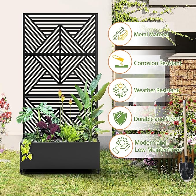 Raised Garden Bed with Trellis and Wheels73x35x16 Metal Raised Garden BedBlack Diamond Metal Planter with Climbing Trellis for Vines &amp Vegetables