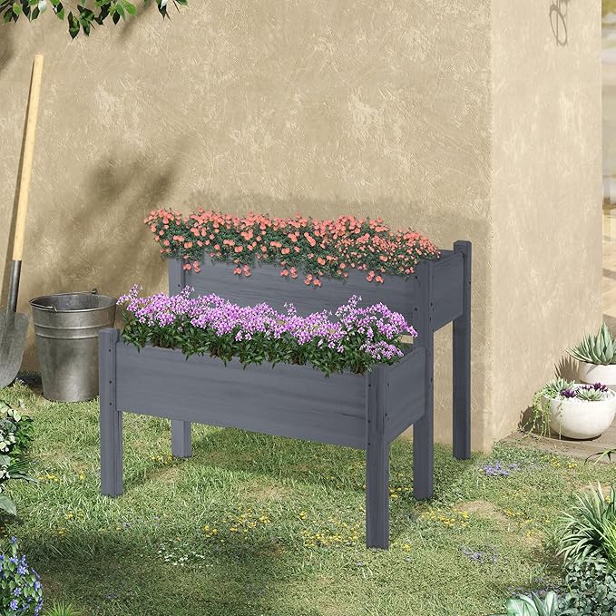 34x34x28 Raised Garden Bed 2-Tier Elevated Wood Planter Box for Backyard Patio to Grow Vegetables Herbs and Flowers Gray
