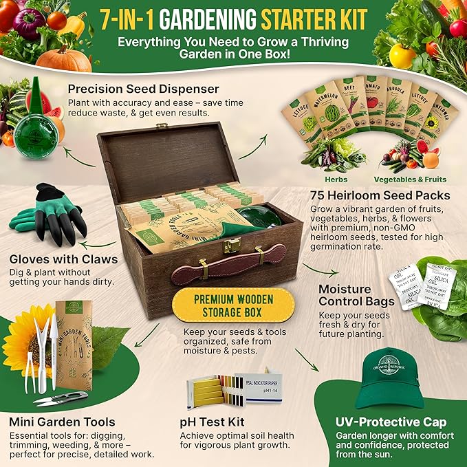 75 Vegetable &amp Greens Seeds Variety Pack Garden Seed Starter Kit - Over 44700 Non-GMO Heirloom Seeds for Planting Vegetables and Greens Seed Box with Gardening Supplies Gardening Gifts