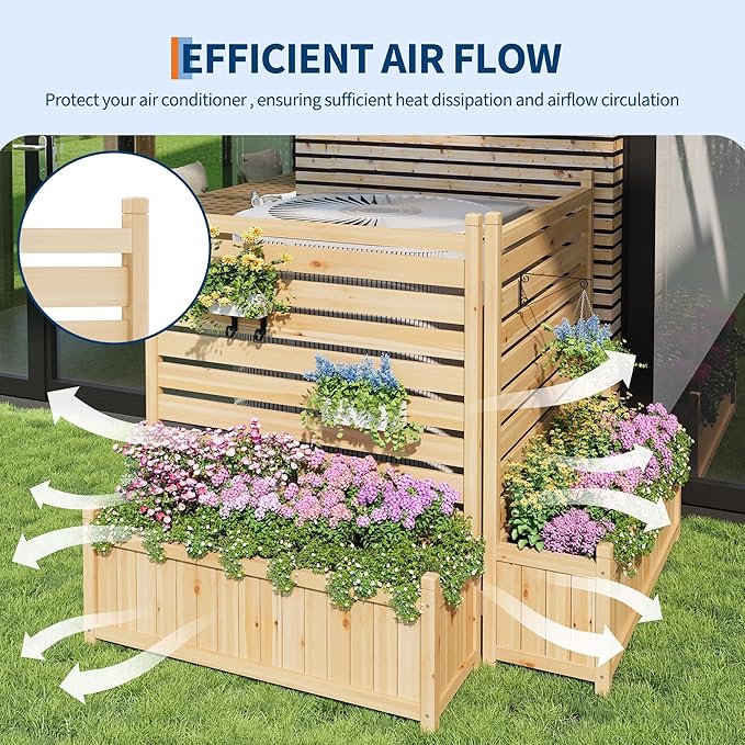 2-Panel Outdoor Privacy Screen with Planter Box 33X40 Wooden Fence Cover for Patio &amp Garden Perfect for Hiding AC Units Trash Cans Pool Pumps &amp Equipment Natural Decorative Backyard Div