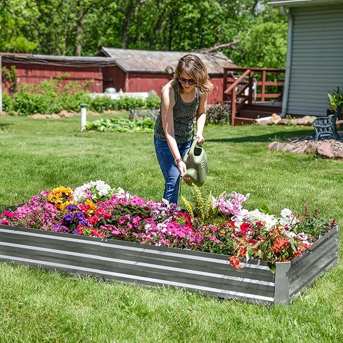 Sunnydaze Galvanized Steel Rectangular Raised Garden Bed - for Flowers Plants and Vegetables - Silver - 4 x 8 ft