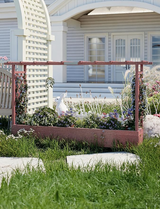 Elevated Wooden Garden Bed with Trellis - 45 in Planter Box with Side Supports Canopy and Drainage Holes – Perfect for Climbing Plants Vines and Blossoms