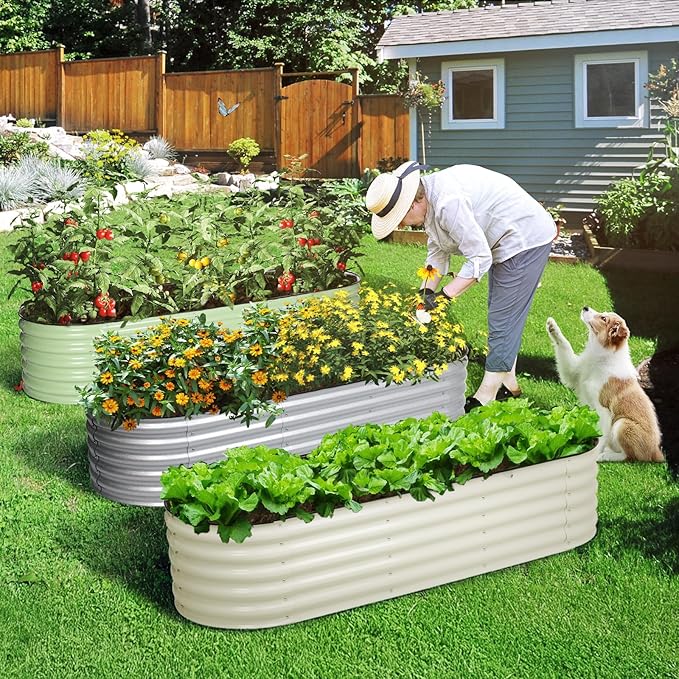 Aoodor 17 Tall Oval Galvanized Raised Garden Bed Kit 6-in-1 Large Metal Outdoor Planter Box for Vegetables Flowers and Herbs 7.5 x 2.3 x 1.5 Ft Beige