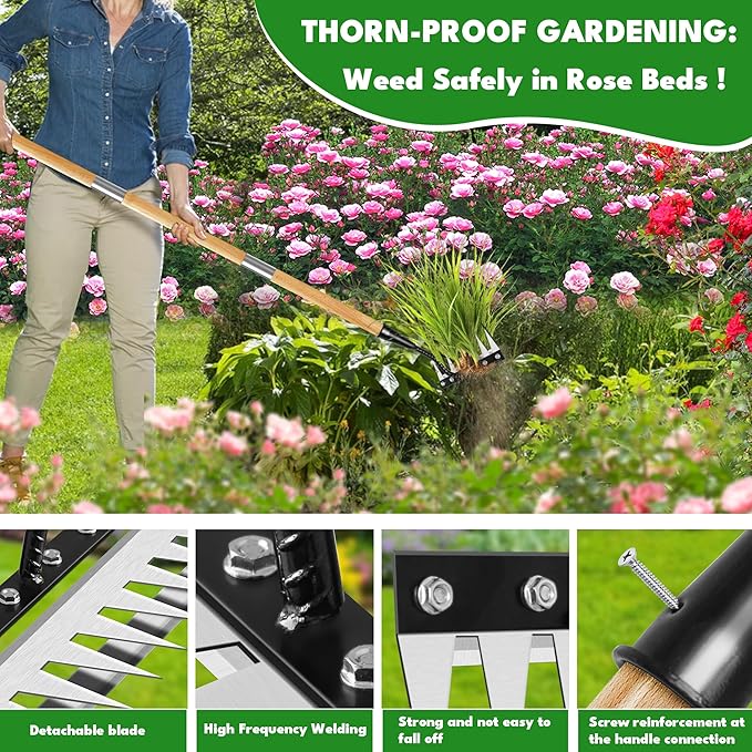 Iron Weeding Rake with Handle 2.0 Upgraded 8 Teeths Garden Weed Puller Tool Heavy Duty Gardening Tool for Lawn Flower Beds &amp Soil Aeration