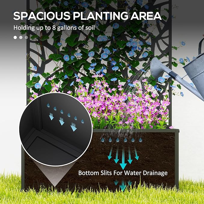 24inL x 9.1inW x 44.5inH Black Metal Planter Featuring Two Large Tree Cut-Out Trellises 110lb Support Weather-Resistant Coating Wall or Stand Use