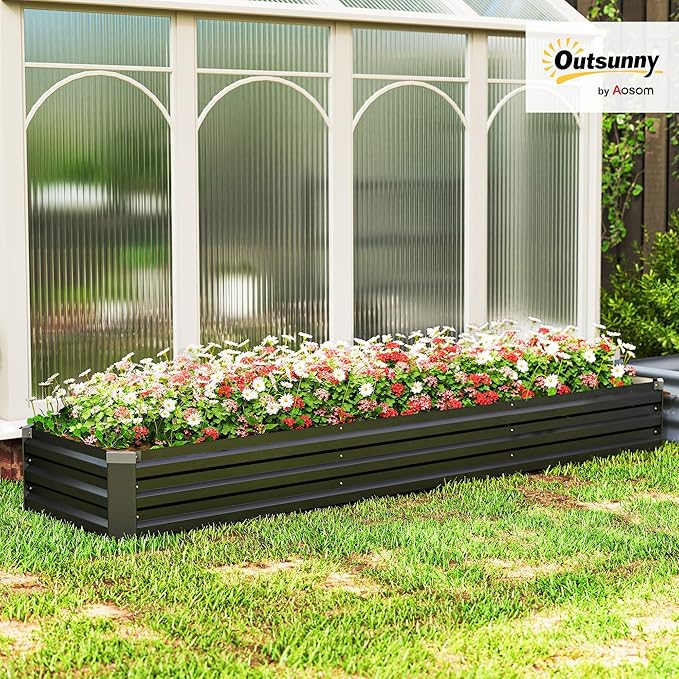 Outsunny 8 x 2 x 1ft Galvanized Raised Garden Bed Kit Outdoor Metal Elevated Planter Box with Safety Edging Large Raised Bed for Growing Flowers Herbs and Vegetables Dark Gray