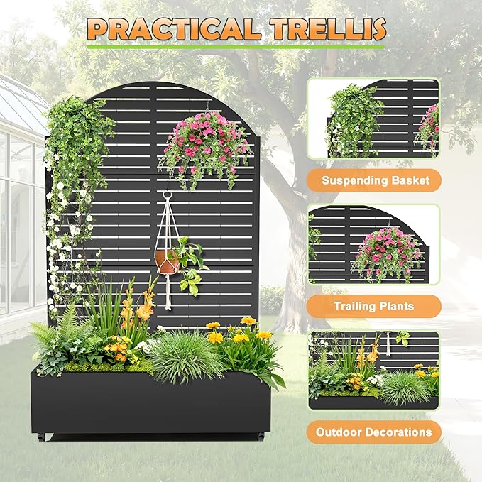 Metal Raised Garden Bed with Trellis 2-in-1 Planter Box &amp Privacy Screen for Climbing Plants Outdoor Standing Flower Bed with Drainage Holes 47.2 L x 16.7 W x 70.8 H Black-Louvered