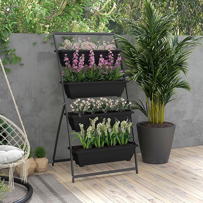 Raised Garden Bed 4 Tier Vertical GPlanter Set 4 Outdoor Planter Boxes with Stand Self Draining Design Elevated Gfor Vegetable Flowers Herbs Black