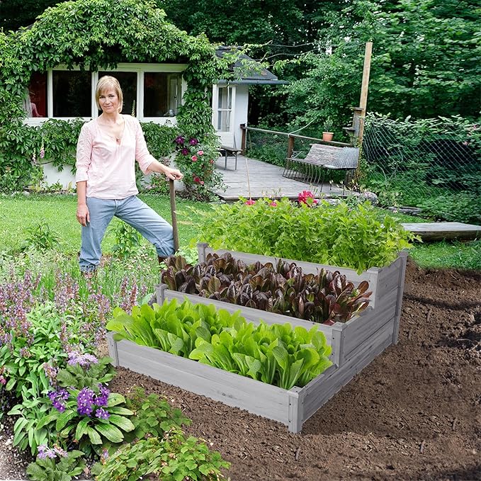 Yaheetech 3 Tier 47 x 47 x 22in Raised Garden Bed Horticulture Outdoor Elevated Flower Box Tiered Garden Bed Wooden Vegetables Growing Planter for Backyard/Patio/Gardener Gray