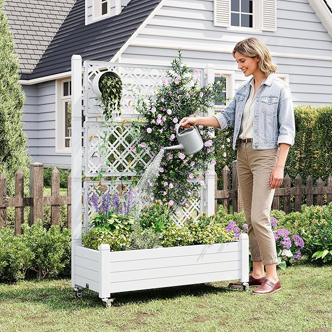 Resin Raised Garden Bed with Trellis and Wheels Planter Box with Trellis Outdoor Raised Planter with Trellis with Drainage Holes &amp Water Monitor for Climbing Plants Vegetables Flower White