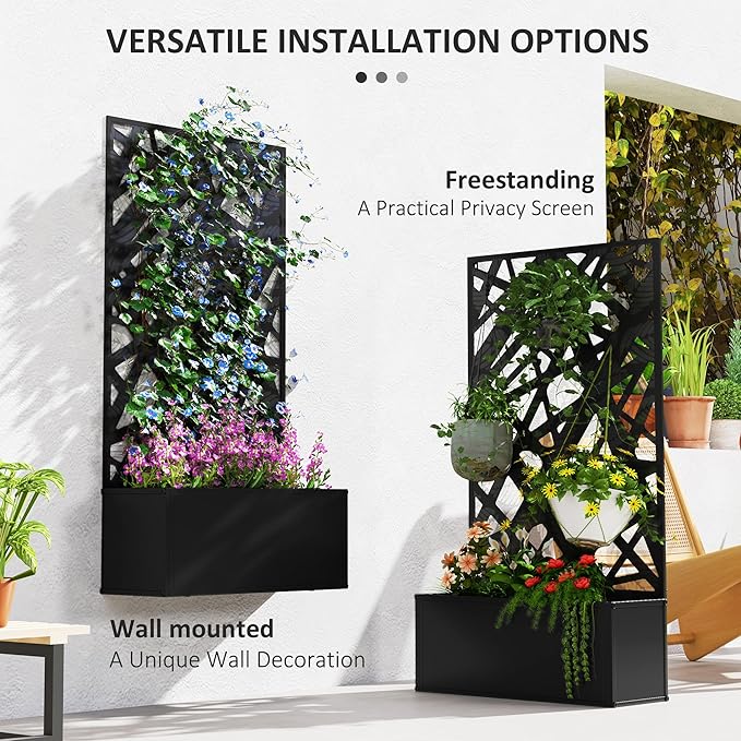 Outsunny Metal Raised Garden Bed with Trellis for Climbing Plants Freestanding or Wall Mounted Flower Bed with Privacy Panel Leaves Cut-Outs Outdoor Planter Box for Garden Patio Balcony