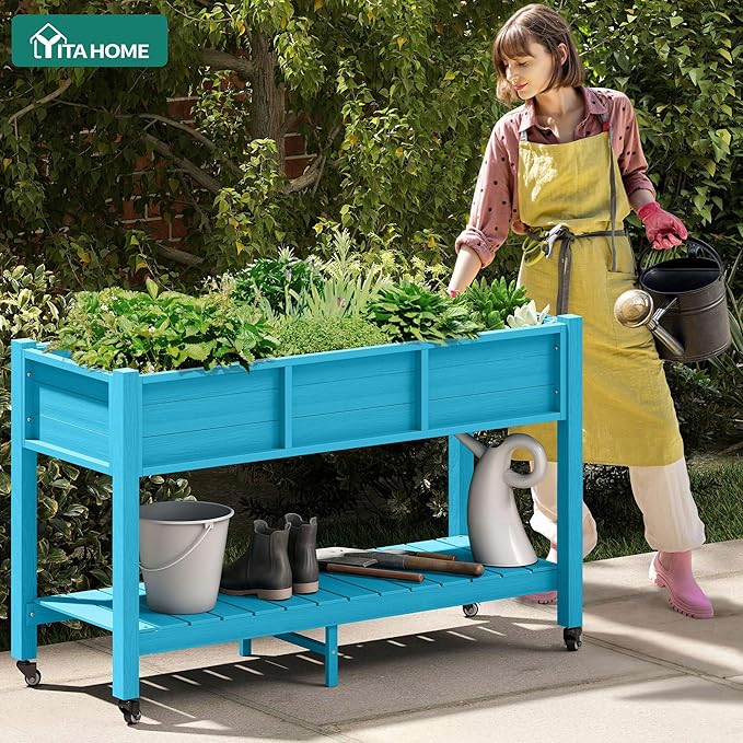YITAHOME Raised Garden Bed HDPE 47x18x31In Raised Flower Bed Poly-Wood Weather-Resistant Elevated Planter Box with Lockable Wheels &amp Storage Shelf for Vegetable Flower Aruba Blue