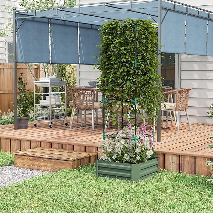 24x24x11.75 Galvanized Urban Garden Planter Box with Built-in Tomato Cages Green Color Weatherproof Construction Design