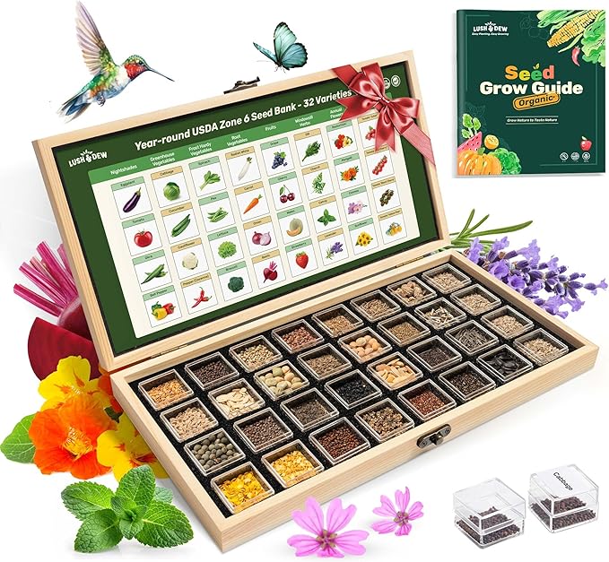 Lush&ampDew Year-Round USDA Zone 6 Heirloom Survival Seed Kit 32 Varieties 30000+ Non-GMO Seeds for Planting Vegetables Herbs Gardening Gifts for Women Men Raised Beds Indoor Outdoor Home Garden