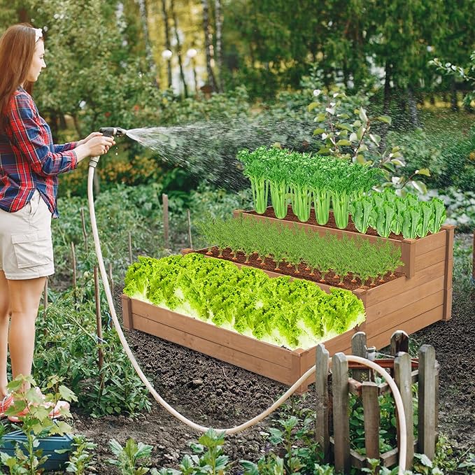 3 Tier Wooden Raised Garden BedTiered Outdoor Elevated Flower BoxHorticulture Open-Bottom Planter Raised Garden BedVegetables Growing Planter for Backyard Patio Gardener Brown