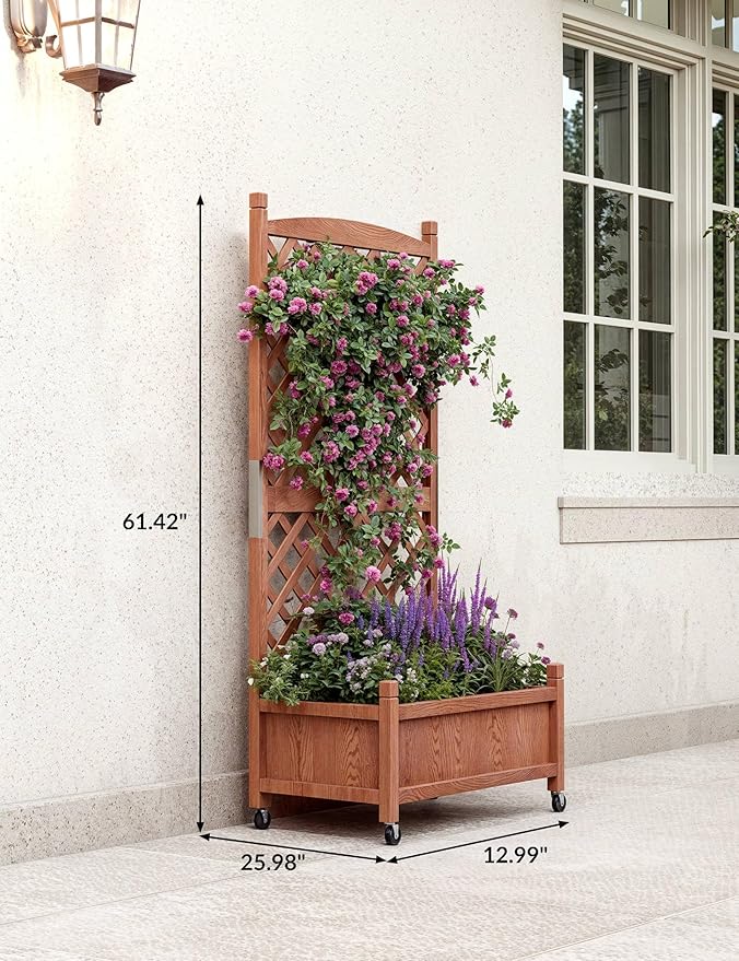 Wooden Raised Garden Bed with Trellis &amp Wheels 29.5-Inch Planter Box with Removable Trellis for Climbing Plants Freestanding for Patio Balcony Yard with Drainage Holes