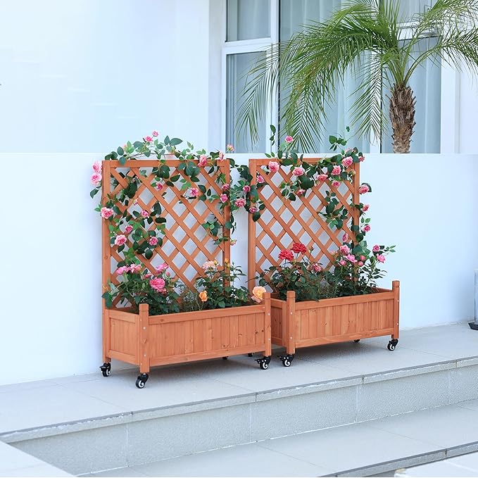 2 Pcs Wooden Planter Boxes with Trellis: Four Universal Wheels for Easy Mobility 37.6 H x 27.5 W x 13 DPerfect for Outdoor Climbing Plants on Patios Balconies &amp Gardens