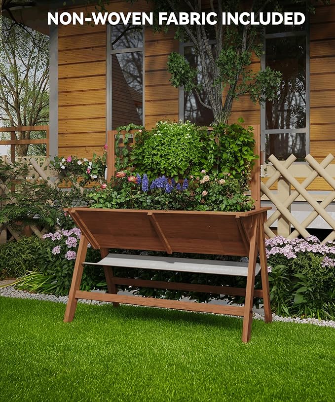 Large Wooden Raised Garden Bed with Trellis &amp Storage Shelf Tall Elevated Planter Box with Legs Extra Deep Standing Planter with Drainage Holes for Outdoor Vegetables Flowers &amp Herbs Natur