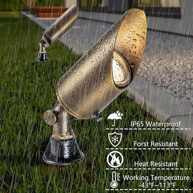 LumStory Brass Low Voltage Landscape Spotlight 12V Bronze Waterproof Shroud Adjustable Outdoor Landscape Lighting with MR16 LED Bulb 5W 3000K 4-Pack