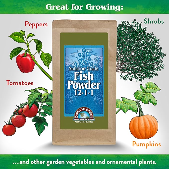 Down To Earth All Natural Fertilizers Organic Solution Grade Fish Powder - Water Soluble Nitrogen - Makes up to 50 Gallons of Liquid Fish Fertilizer for Soil or Foliar Spray 12-1-1 1 lb