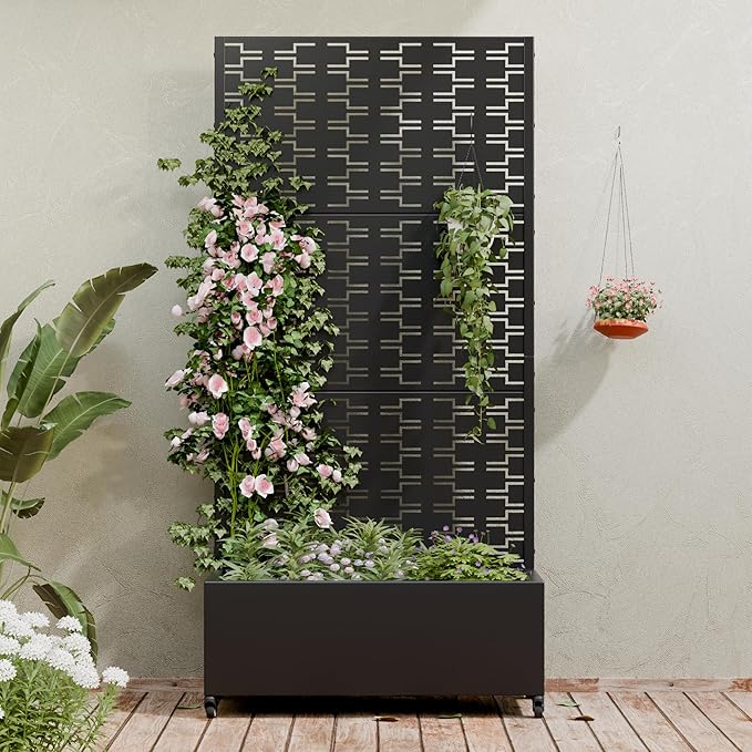 Casaphoria Metal Raised Garden Bed with Trellis and Wheels 72x35x16 Planter Box for Climbing Plants Vegetables &amp Vines Features Drainage Holes and Privacy Screen (Black-Brick)