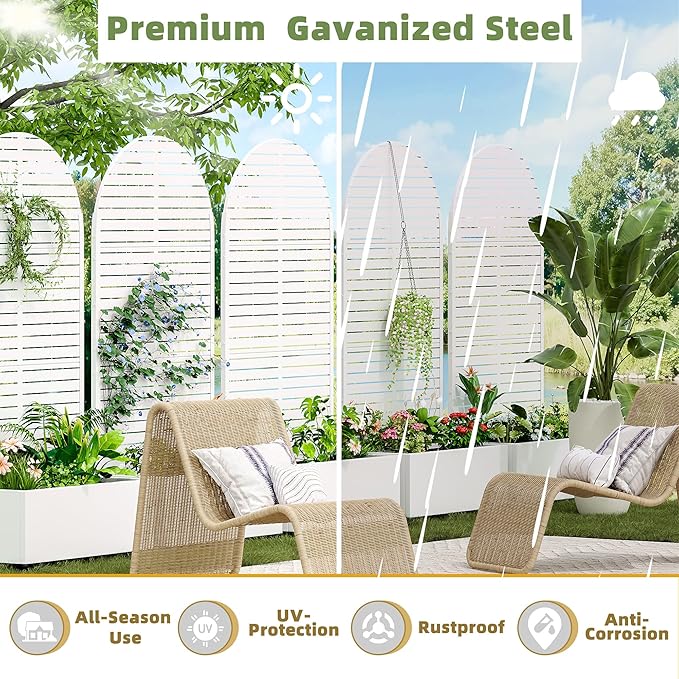 Casaphoria Metal Raised Garden Bed with Trellis and Wheels 72x35x16 Arched Planter Box for Climbing Plants Vegetables &amp Vines Features Drainage Holes and Privacy Screen (White-Louvered)
