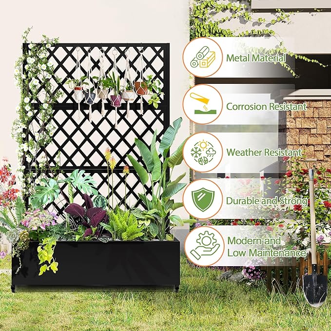 Metal Planter Trellis Box with Wheels &amp Drain Plug Outdoor Raised Garden Bed Patio Privacy Screen with Planter for Climbing Plants Vegetables 73x47x16 Black-Diamond